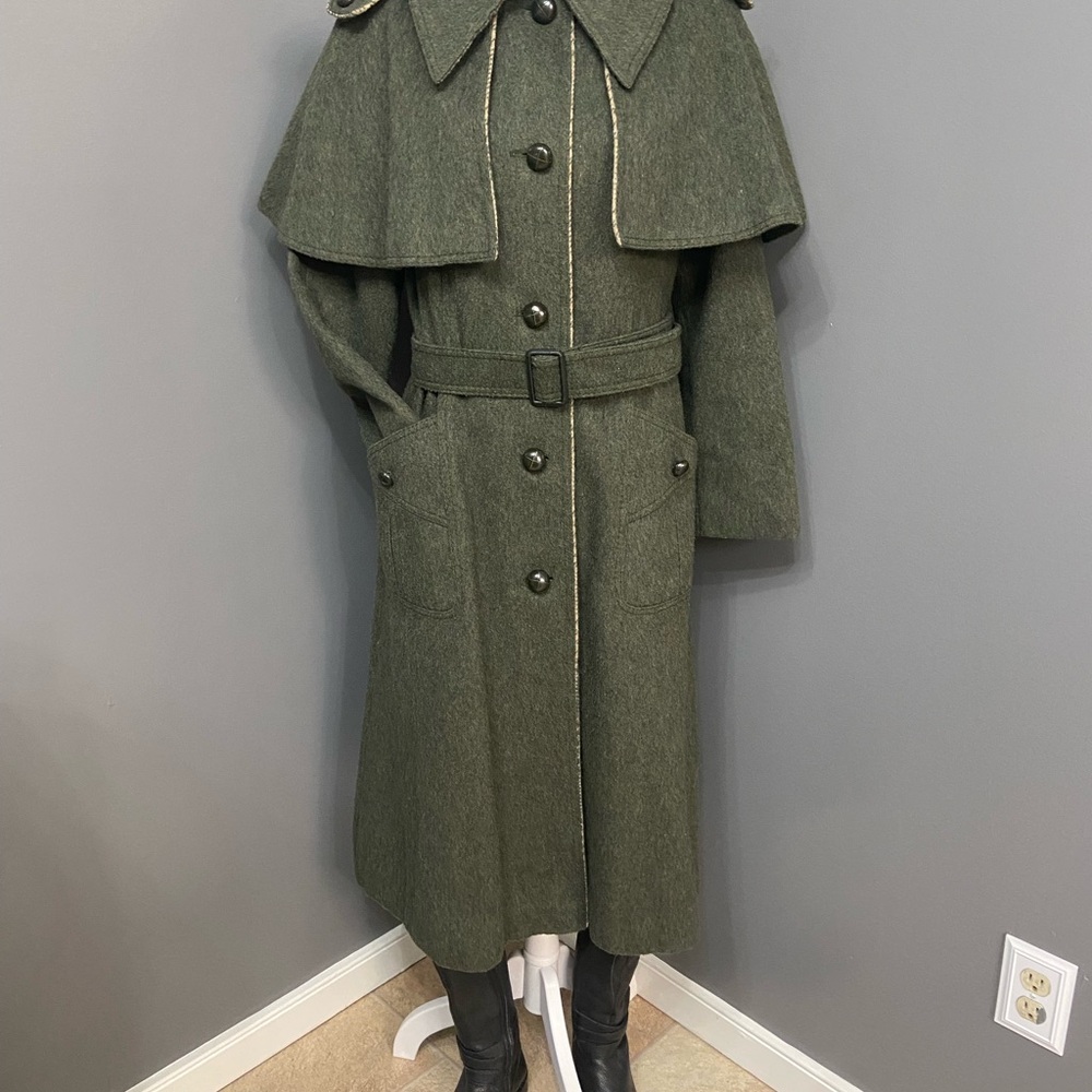 Vintage Rare 70s-80s German Fitted Loden Wool Green Womens Long Cape Coat US 8